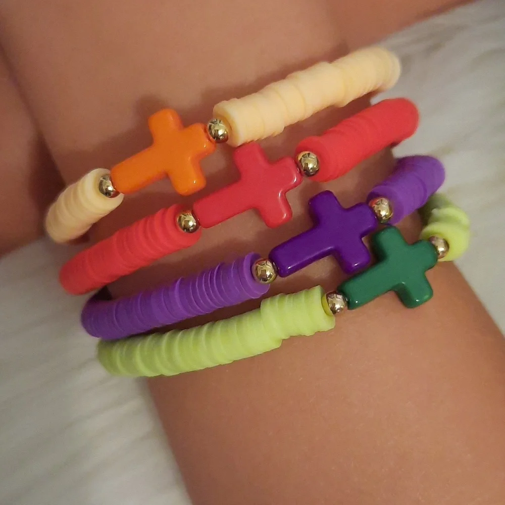 Kids Stackable Clay Beaded Bracelet with Cross-4 pcs Set